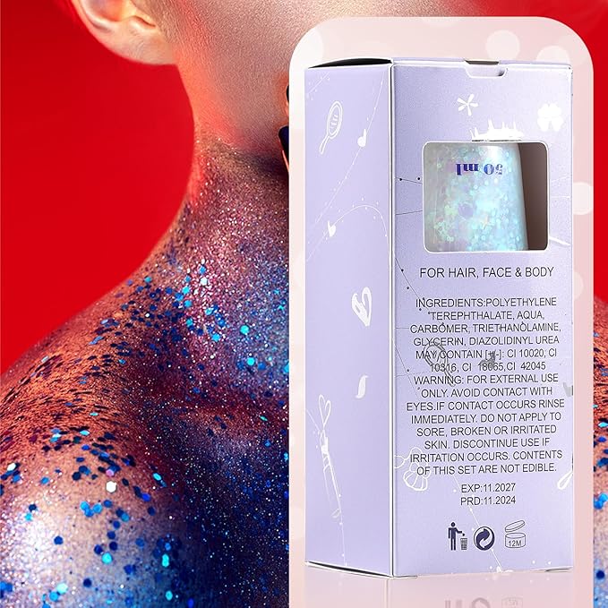 JASSINS 2 Pack Face Body Glitter, 100ml Silver White Glitter Gel Makeup for Women Girls Kids, Singer Concerts Festival Rave Accessories, Chunky Mermaid Sequins Glitter