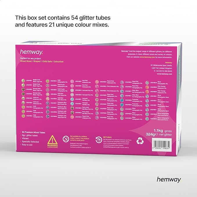 Hemway Mixed Glitter Tube Ultra Sparkle Box (Pack of 54) | Metallic Flakes Shaker Set for Resin & Epoxy Crafts | Assorted Colour Craft Supplies for Festival, Hair, Face, Body, Eye & Nail Art