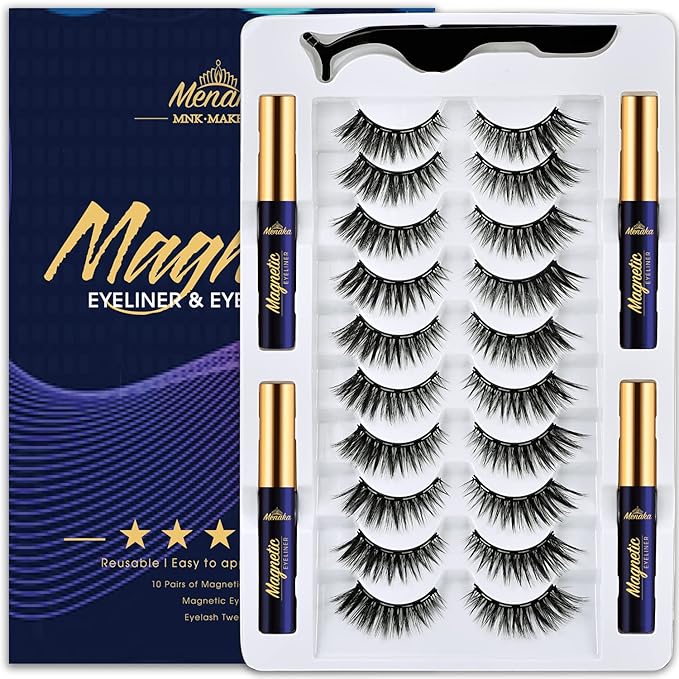 Menaka Magnetic Eyelashes Natural Look, Wispy short Magnetic Lashes with Eyeliner Kit, 4 Tubes of Magnetic Liner Upgraded Waterproof,Long Lasting. Reusable False Eyelashes Easy to Apply,10 Pairs
