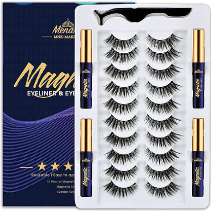 Menaka Magnetic Eyelashes Natural Look, Wispy short Magnetic Lashes with Eyeliner Kit, 4 Tubes of Magnetic Liner Upgraded Waterproof,Long Lasting. Reusable False Eyelashes Easy to Apply,10 Pairs
