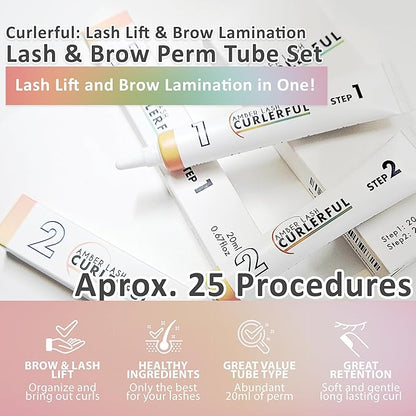 Amber Lash Curlerful, Eyelash Lift and Brow Lamination Tube Set, For Professional Lash Perm and Brow Perm, Step 1 & Step 2, 20 ml / 0.67 floz each