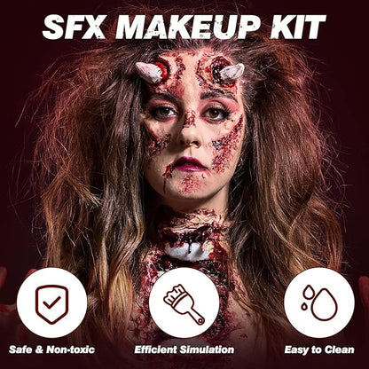 Halloween SFX Makeup Kit, Halloween Special Effects Wound Modeling, Scar Wax with Spatula, Fake Blood, Coagulated Blood Gel, Spirit Gum, Extension Oil, Stipple Sponge for Halloween Cosplay Makeup