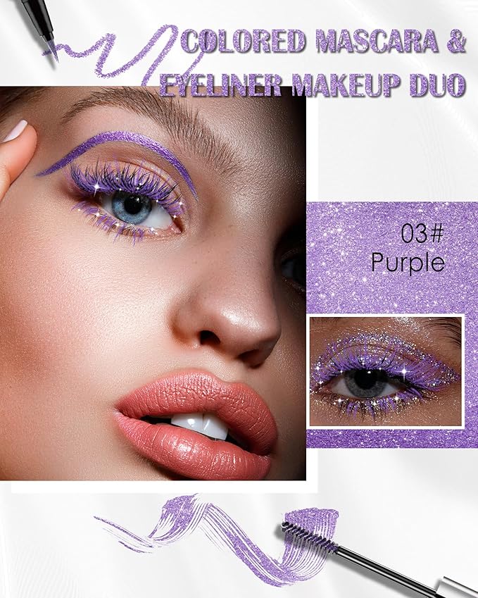 Purple Glitter Mascara + Eyeliner Pen Set, Shimmer Volume Colorful Mascara, Sparkling Liquid Eyeliner, Waterproof, High-Pigmented, All-Day Wear Shine Eye Makeup for Dazzling Looks