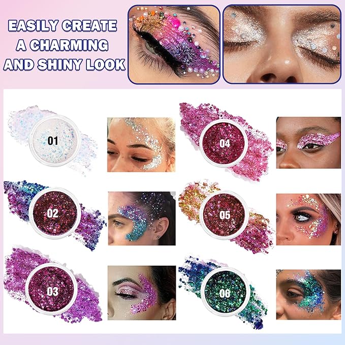White Body Face Glitter Gel Makeup Hair Glitter Gel Long Lasting Shiny Holographic Chunky Sequins Halloween Festival Face Paint Glitter Gel Makeup - 01 Sparkling White
