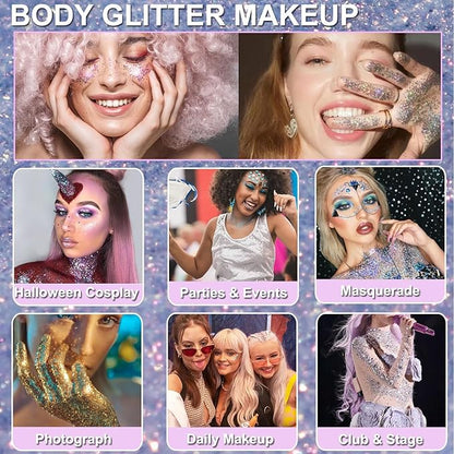 Body Glitter Gel Set Holographic Glitter Festival Makeup for Face Hair Eye Rave Mermaid Accessories Shimmer Glitter