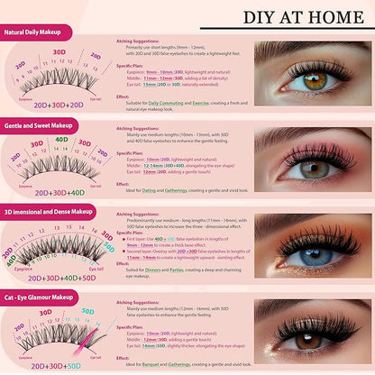 Lash Clusters - Lash Clusters Kit Lash Extension Kit with Lash Bond and Seal Cluster Eyelash Extensions Eyelash Clusters 20D30D40D50D-0.07D Lashes Clusters Eyelash Extension Kit DIY at Home Eyelashes