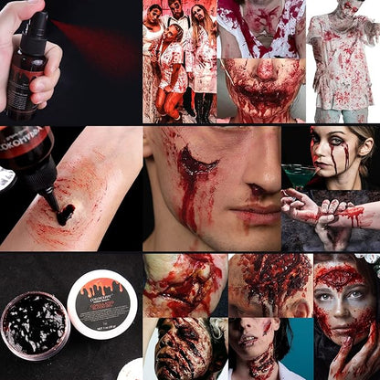 COKOHAPPY 4PCS Fake Blood Kit Halloween Makeup - Coagulated Blood 1.05oz + Fake Blood Spray 1.76oz + Stage Blood 1.76oz, Realistic Washable Special Effects SFX Makeup Set, for Zombie Vampire Monster