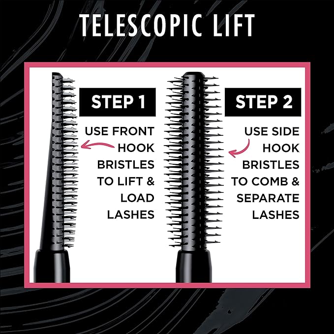 L'Oreal Paris Telescopic Lift Mascara, Lengthening and Volumizing Eye Makeup, Lash Lift with Up to 36HR Wear, Washable, Blackest Black, 0.33 Fl Oz