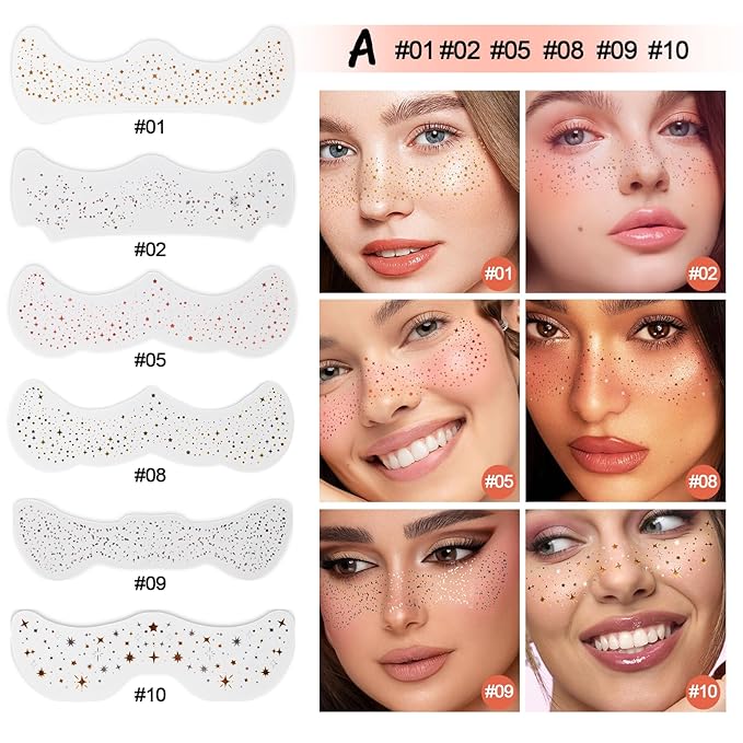 6pcs Gold Face Makeup Patches, Glitter Face Freckles,Waterproof Face Glitter Speckles Patches,Sliver Fake Freckle for Party Makeup