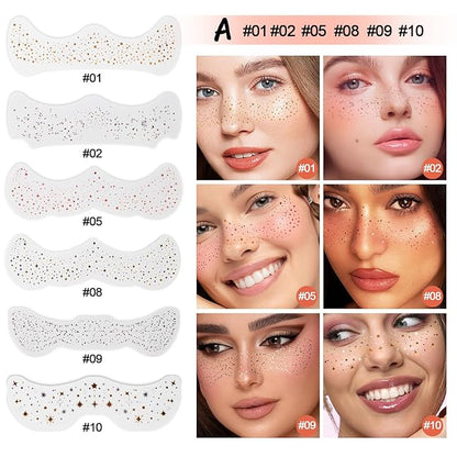 6pcs Gold Face Makeup Patches, Glitter Face Freckles,Waterproof Face Glitter Speckles Patches,Sliver Fake Freckle for Party Makeup