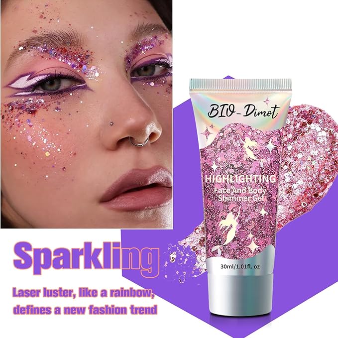 Body Face Chunky Glitter Gel - Face Sparkles Glitter Gel Makeup for Singer Concerts Disco Festival Rave Accessories 30ml Chunky Sequins Mermaid Face Body Hair Glitter Gel (White&Silver&Pink)