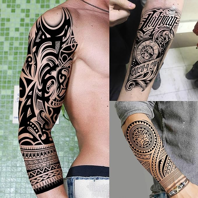 20 Sheets Maori Full Arm Sleeve Temporary Tattoos For Men Women Thigh, Fake Tattoo Sleeve For Adults, Tribal Indian Long Lasting Halloween Black Turtle Maori Tattoo Stickers Faith Belief Totem Armband