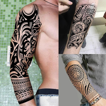 20 Sheets Maori Full Arm Sleeve Temporary Tattoos For Men Women Thigh, Fake Tattoo Sleeve For Adults, Tribal Indian Long Lasting Halloween Black Turtle Maori Tattoo Stickers Faith Belief Totem Armband