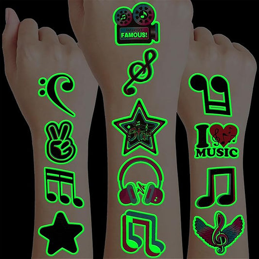 (96PCS) Music Note Notes Musical Motivational Pre-Cut Temporary Tattoos for Kids Birthday Themed Party Supplies Decorations Favors Super Cute Instrument Stickers Tattoo (Luminous)