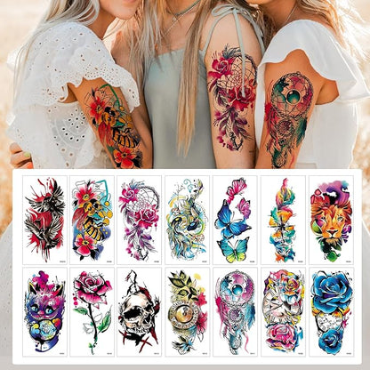 3D Watercolor Temporary Tattoo for Women Men, Colorful Small Half Arm Tattoos Flower Butterfly Cat Fake, Tiny Tattoo Sticker Tiger Wolf Waterproof