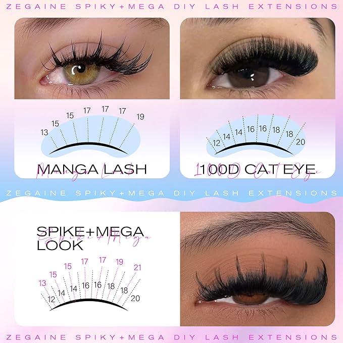 Thick Lash Clusters With Spikes 100D Long Mega Eyelash Clusters 20MM Spikes Individual Lashes 340Pcs Spikes Lash Clusters 13-21MM Volume Eyelash Extensions Wispy Lash Clusters 10-20MM by Zegaine