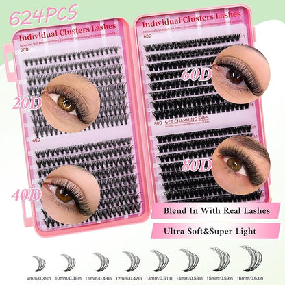 Lash Extension Kit DIY Lash Clusters Kit 624pcs Cluster Lashes Eyelash Extension Kit Individual Lashes with Lash Bond and Seal,Lash Tweezers,Mascara Brush(624pcs 20D+40D+60D+80D Kit,9-16mm)