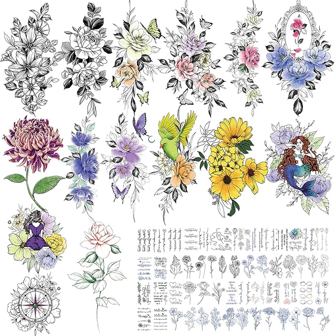 Flower Temporary Tattoos for Womens Arm Neck Leg, Multi-Colored Body Art Fake Tattoos For Adults Girl, Realistic Tattoos Half Sleeve Temporary Tattoos