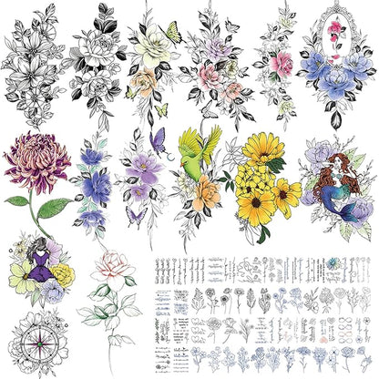 Flower Temporary Tattoos for Womens Arm Neck Leg, Multi-Colored Body Art Fake Tattoos For Adults Girl, Realistic Tattoos Half Sleeve Temporary Tattoos