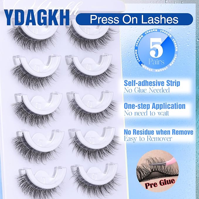 Natural Self Adhesive Eyelashes Pre Glued Lashes Cat Eye Reusable Self Adhesive Lashes No Glue Needed Press On Lashes without Eyeliner D-curly Wispy Strip False Eyelashes Natural Look by YDAGKH