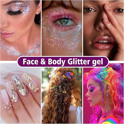 Body Glitter Hair Glitter Face Paint Sparkles Makeup,10 Colors Glitter Gel Singer Concerts Disco Rave Festival Valentine’s Day Accessories,Chunky Sequins Mermaid Gel for Women Eyeshadow Children Hair