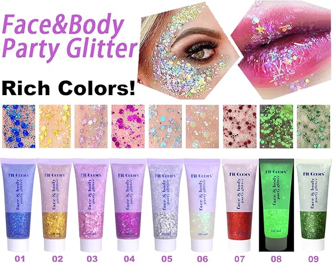 Face Glitter Gel, 2 Jars Holographic Chunky Glitter Makeup for Body, Hair, Face, Nail, Eyeshadow, Long Lasting and Waterproof Mermaid Sequins Liquid Glitter Total 6 Colors Available (Silver & White)