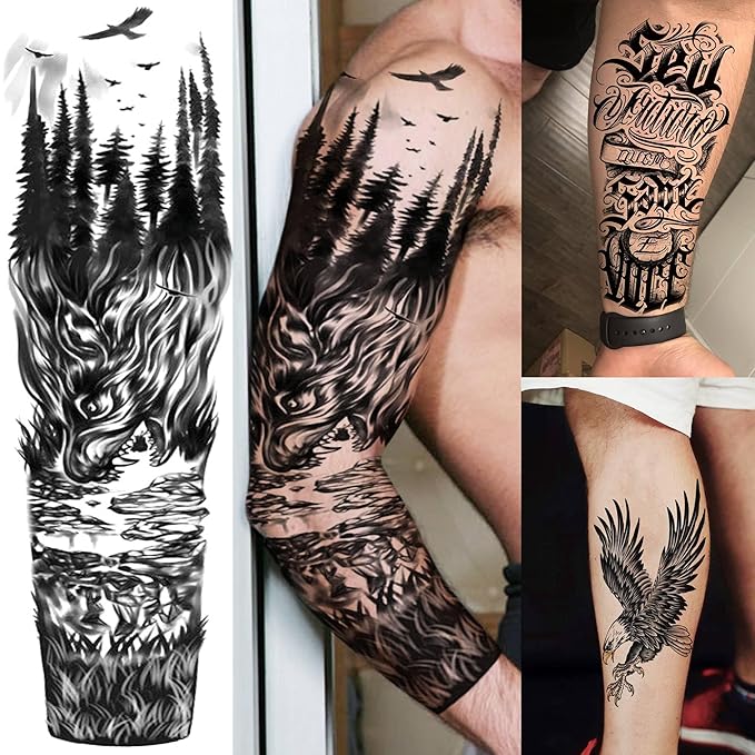 20 Sheets Full Arm Sleeve Temporary Tattoos For Men Women Thigh, Zeus God Lion Eagle Tiger Fake Tattoo Sleeve For Adults, Long Lasting Halloween Black Dragon Maori Tattoo Stickers Compass Rose Flower