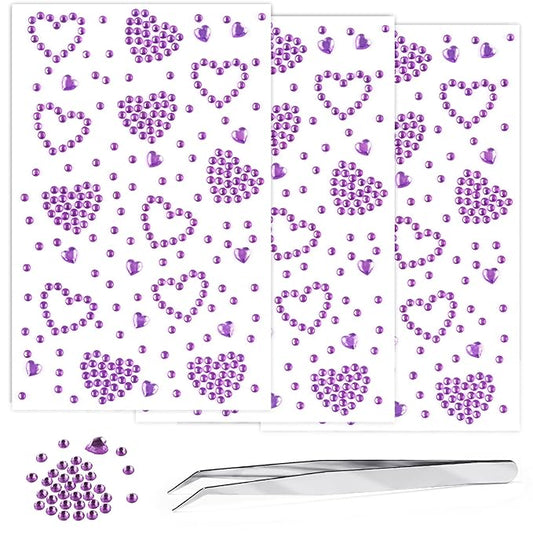 3 Sheets Rhinestone Stickers Self Adhesive Heart Rhinestones Gems for Face Eyes Makeup Hair Body for Valentine Festival Decal Decor(Purple)