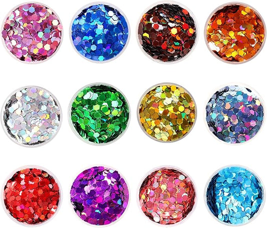 12 Assorted Colors 3mm Holographic Extra Chunky Hexagon Glitter for Craft, Epoxy Resin,Extra Chunky Laser Sequin Glitter for Body and Nail Art
