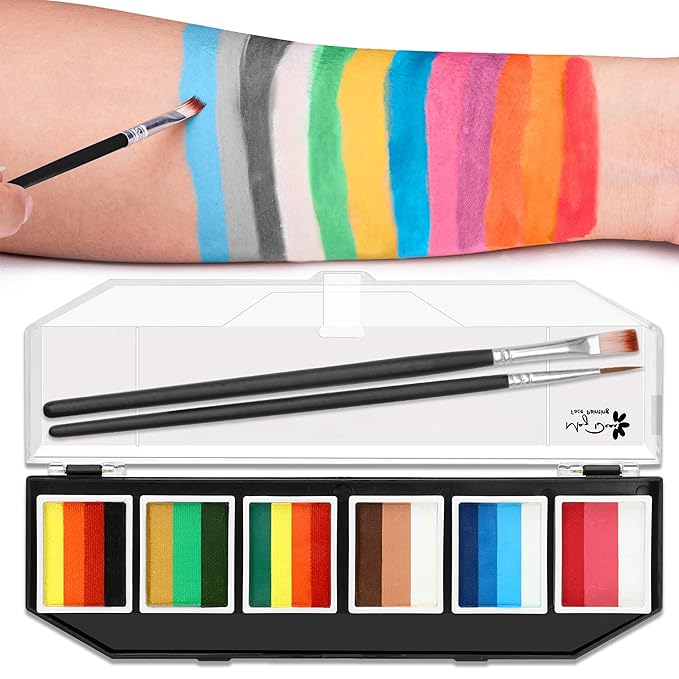 Maydear Face Painting Kit for Kids & Adults with 6 Colors Split Cake Palette, 2 Brushes, Safe & Non-Toxic Water Based Makeup Face Paint Kit