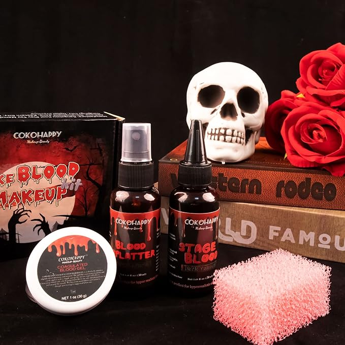 COKOHAPPY 4PCS Fake Blood Kit Halloween Makeup - Coagulated Blood 1.05oz + Fake Blood Spray 1.76oz + Stage Blood 1.76oz, Realistic Washable Special Effects SFX Makeup Set, for Zombie Vampire Monster