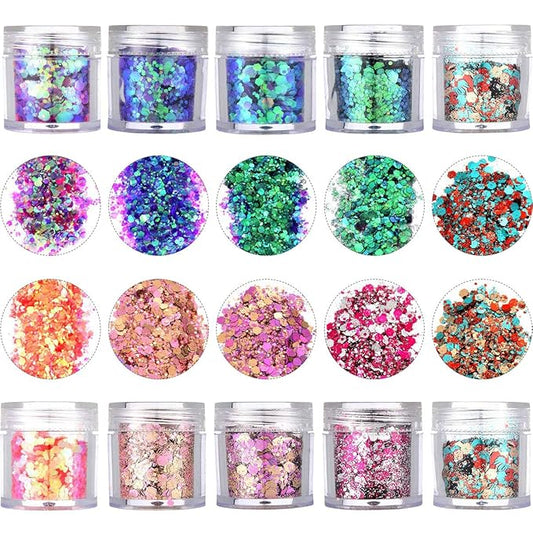 10 Boxes Chunky Glitter Makeup Set. Colorful Mixed Cosmetic Glitters Flakes for Eye Shadow Body Nail Face Lips Hair Iridescent Flakes Cosmetic Paillette Sparkles Slime Supplies Powder Sequins