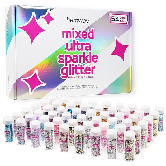 Hemway Mixed Glitter Tube Ultra Sparkle Box (Pack of 54) | Metallic Flakes Shaker Set for Resin & Epoxy Crafts | Assorted Colour Craft Supplies for Festival, Hair, Face, Body, Eye & Nail Art