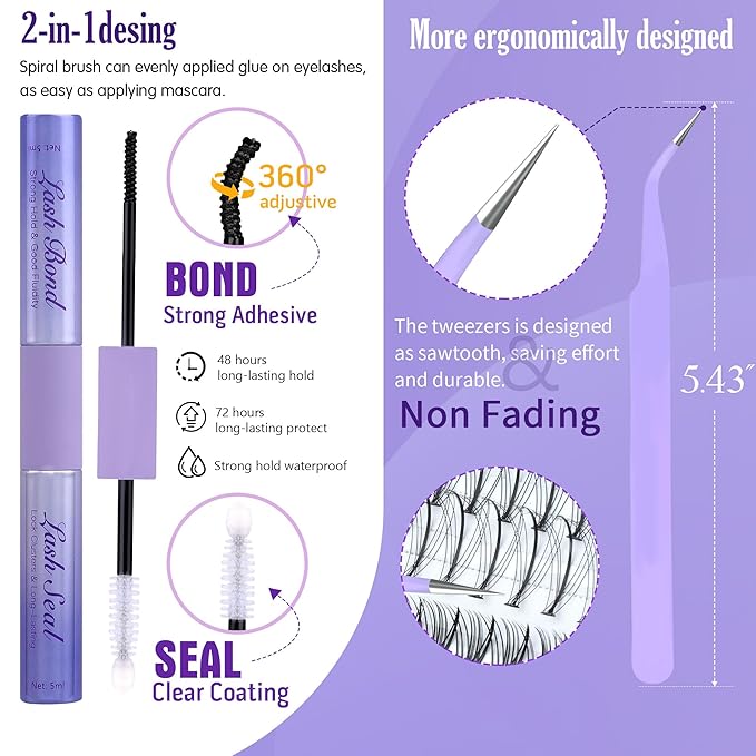 Geeneiya Bottom Lash Extension Kit Natural Cluster Eyelash Extension Kit DIY D Curl Lash Clusters Kit with Lash Bond and Seal Glue, Lash Applicator for Self Application at Home (30D+40D+BOTTOM)