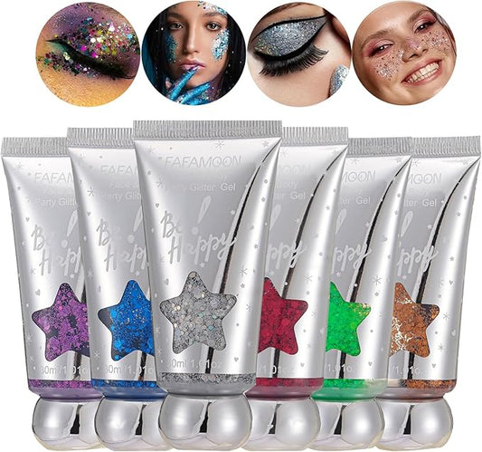 6Pcs Holographic Body Glitter Gel Set, Mermaid Sequins Liquid Holographic Glitter Gel Kit, Gold, Silver Chunky Glitter for Face Hair Nails