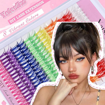 Colored Lash Clusters 300Pcs Individual Lashes D Curl 14mm/16mm Mixed 8 Colors Rainbow DIY Eyelash Extension Colorful Cluster Lashes with White Eyelash Clusters Pack