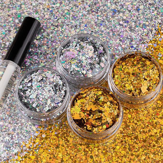 2 Colors of Holographic Chunky Glitter with Quick Dry Glue Pack 3, 4 Pots Total 40g Multi-Shaped for Body Hair Face Eyes Make-up, Nail Art and Bedazzling in Party/Concert/Events Glitter