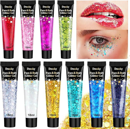 Body Glitter Hair Glitter Face Paint Sparkles Makeup,10 Colors Glitter Gel Singer Concerts Disco Rave Festival Valentine’s Day Accessories,Chunky Sequins Mermaid Gel for Women Eyeshadow Children Hair