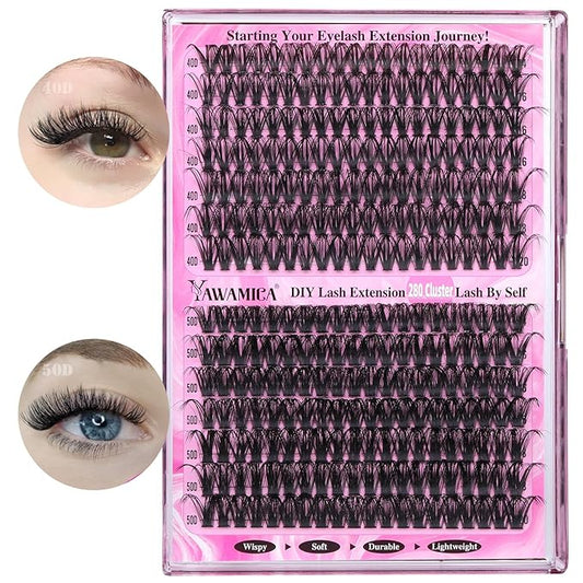 Yawamica Eyelash Clusters 40+50D Wispy Lash Clusters 14-20mm Lash Extension D Curly Individual Lashes Cluster Eyelash Extensions 280pcs DIY Lash for Beginners