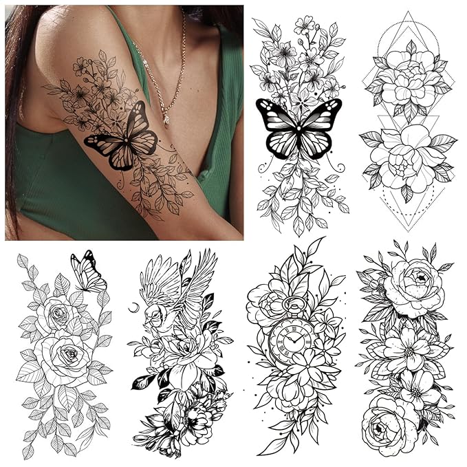 Cerlaza Temporary Tattoos for Women, Large Realistic Body Tattoo Stickers, Fake Semi Permanent Tattoo Include Butterfly Rose, Henna Tattoos for Adults (12 Sheets)