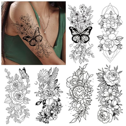 Cerlaza Temporary Tattoos for Women, Large Realistic Body Tattoo Stickers, Fake Semi Permanent Tattoo Include Butterfly Rose, Henna Tattoos for Adults (12 Sheets)