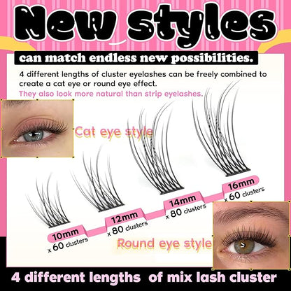 FANXITON Lash Clusters Kit Wispy Lashes Clusters Kit Natural C Lash Extensions Kit 280 Pcs Eyelash Clusters Kit with Lash Bond and Seal Tweezers Individual Lashes Kit