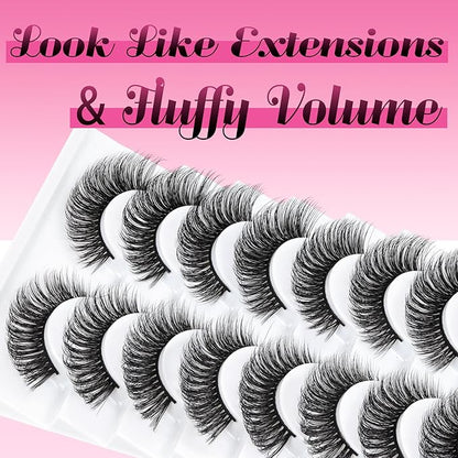 Ahrikiss Russian Strip Lashes Fluffy Wispy Faux Mink Lashes D Curl False Eyelashes Fluffy Wispy 10 Pairs Pack (D01)