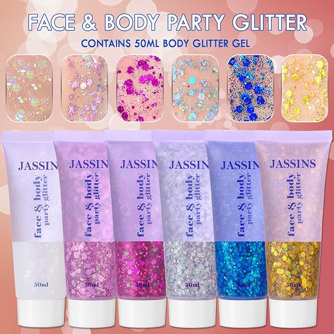JASSINS 2 Pack Face Body Glitter, 100ml Silver White Glitter Gel Makeup for Women Girls Kids, Singer Concerts Festival Rave Accessories, Chunky Mermaid Sequins Glitter