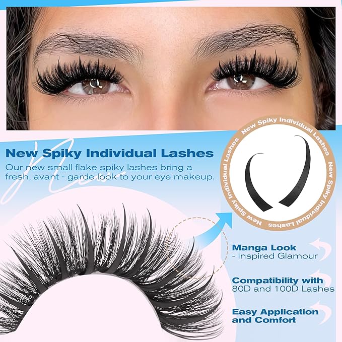 Lash Clusters Kit Spikes Wispy Lash Extension Kit Volume 80D+100D Eyelash Clusters Spikes Eyelash Extension Kit Russian D Curvature Individual Lashes with Lash Glue Bond and Seal, Tweezers