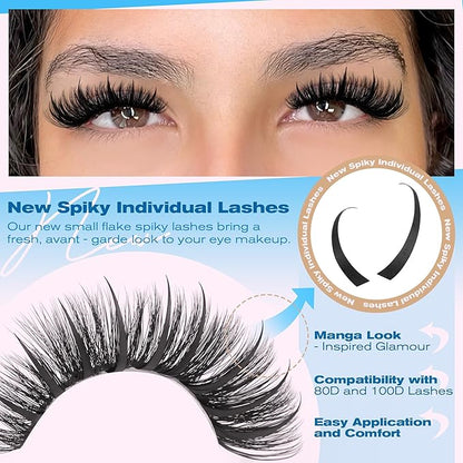 Lash Clusters Kit Spikes Wispy Lash Extension Kit Volume 80D+100D Eyelash Clusters Spikes Eyelash Extension Kit Russian D Curvature Individual Lashes with Lash Glue Bond and Seal, Tweezers