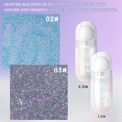 DAGEDA 2Colors Roll-on Body Glitter Gel for Body, Hair, Face, Holographic Glitter Makeup for Rave Accessories, Body Shimmer Hair Glitter Gel for Halloween Makeup(Galaxy Blue+Sparkling Pink)