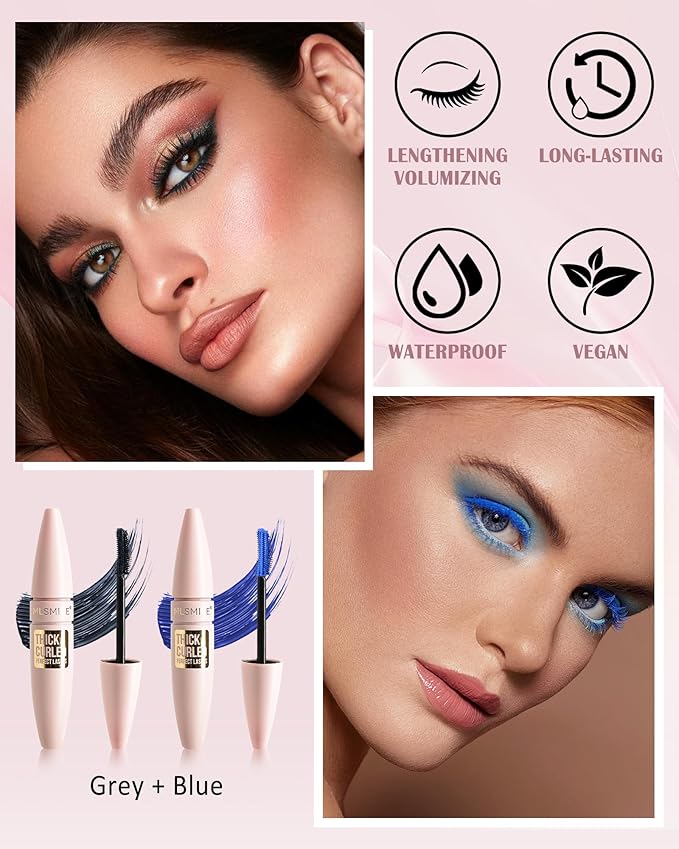 Grey+Blue Waterproof Mascara, Lash Extension Mascara with Dual-Sided Brush, Great for Lengthening and Volumizing Eyelashes, Colored Tube Máscara Fiber No Clumping, Long Wear, Smudge-Proof -D