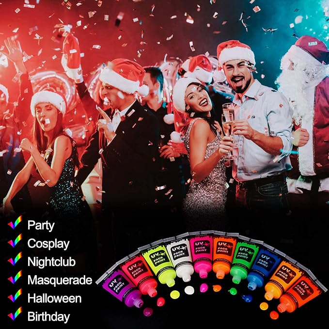 Maydear 10 Colors UV Face Body Paint Set, Fluorescent Glow Blacklight Neon Liquid Face Paint - Perfect for Halloween, Carnivals, and Parties - 0.7 FL OZ. Each