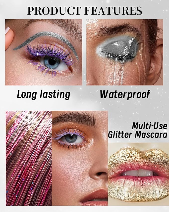 Sliver Mascara and Eyeliner Set,5D Silk Fiber Lash Extension Colored Tube Mascara Volume and Length,Waterproof Glitter Eyeliner Liquid,Long Lasting Smudge-Proof Eye Makeup Kit-Pink